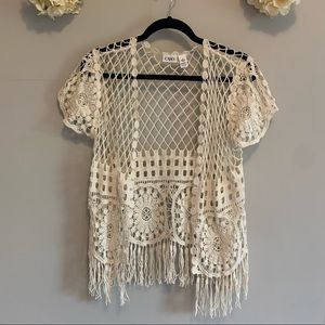 Crochet Lace Coverup, Fringe, Cardigan, flowers